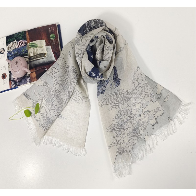 100%纯亚麻中式印花围巾 透气披肩遮阳多功能印花围巾丝巾女包邮