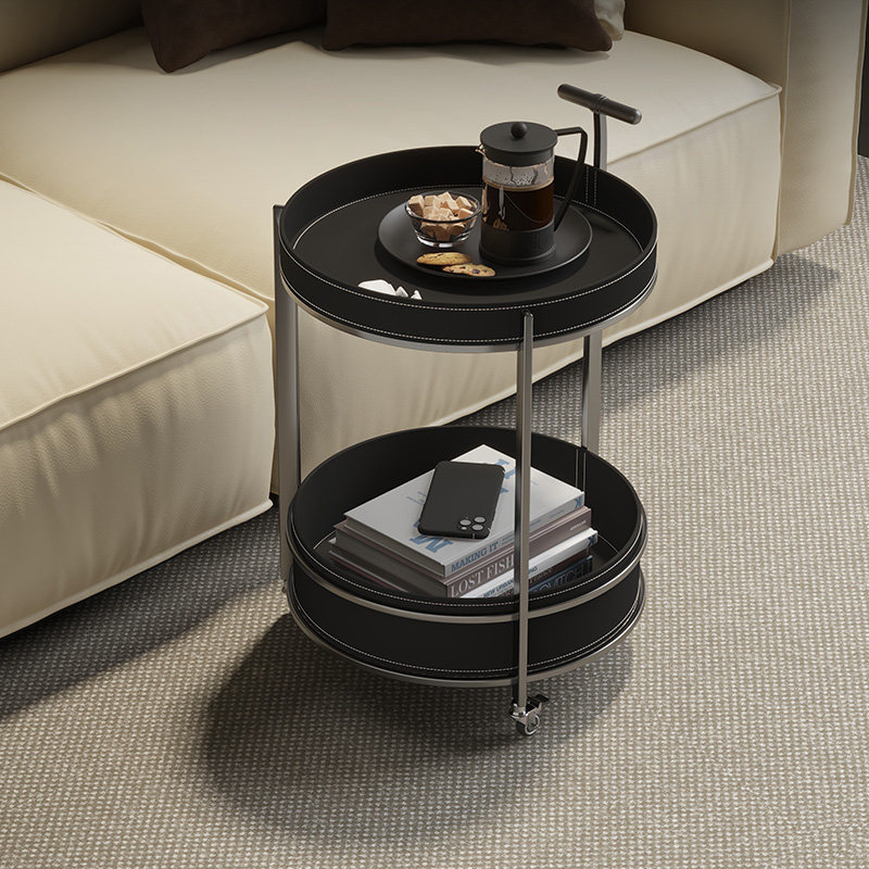2024新款客厅意式极简圆形黑色马鞍皮沙发边几小推车卧室床边角几