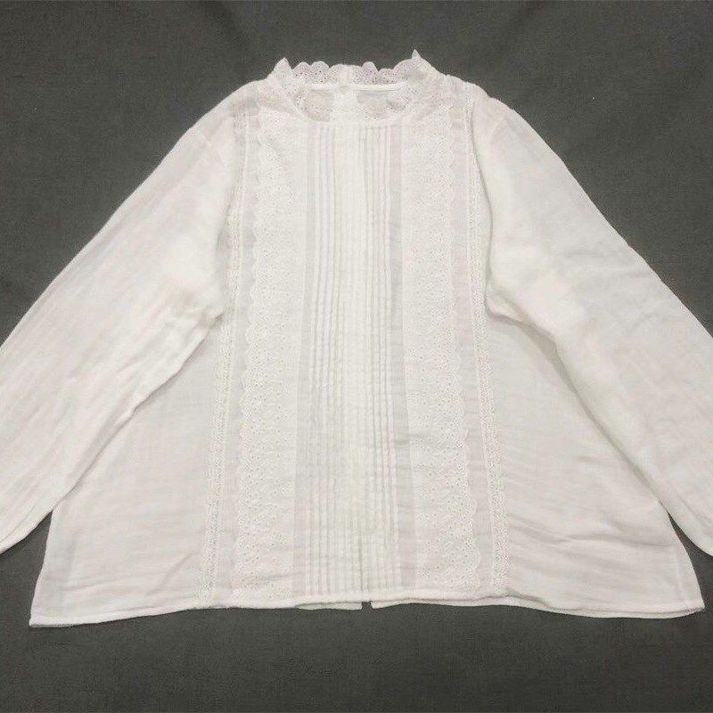 蕾丝边白色风琴褶双层纱衬衫女2025F春新款甜美纯棉花瓣领长袖衬