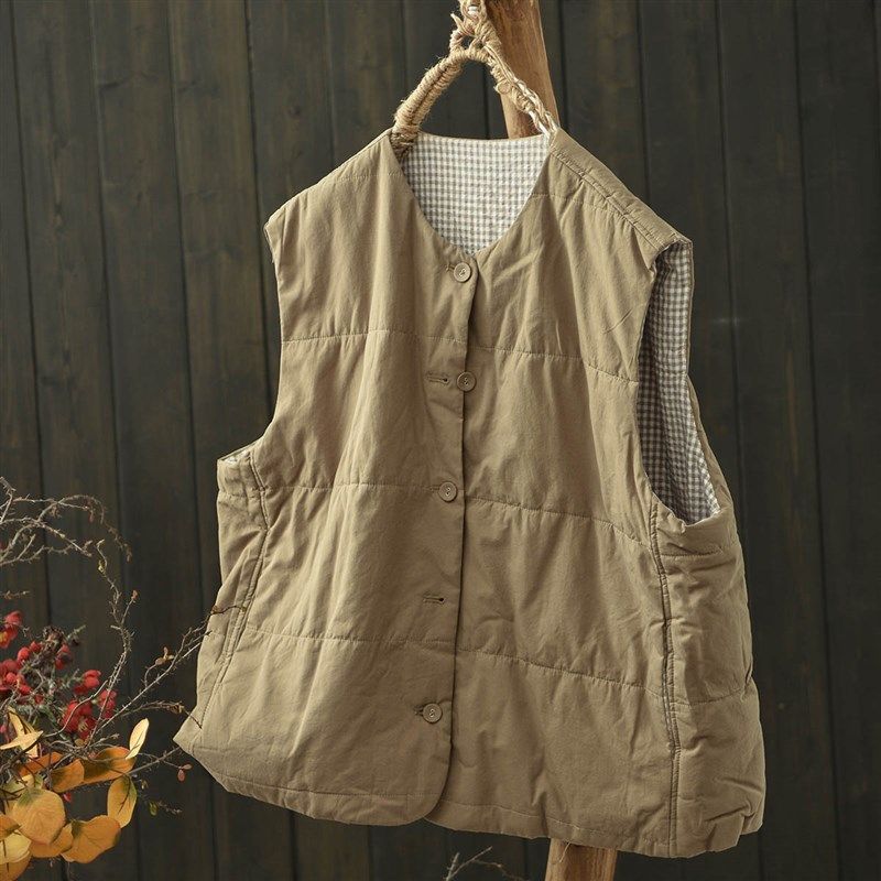 默念文艺简约夹棉系扣薄棉夹棉马甲女秋冬宽松V领无袖开衫棉服