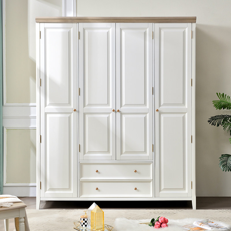 美式全实木衣柜白色奶油风家用四门带抽屉平开门卧室储物大衣柜