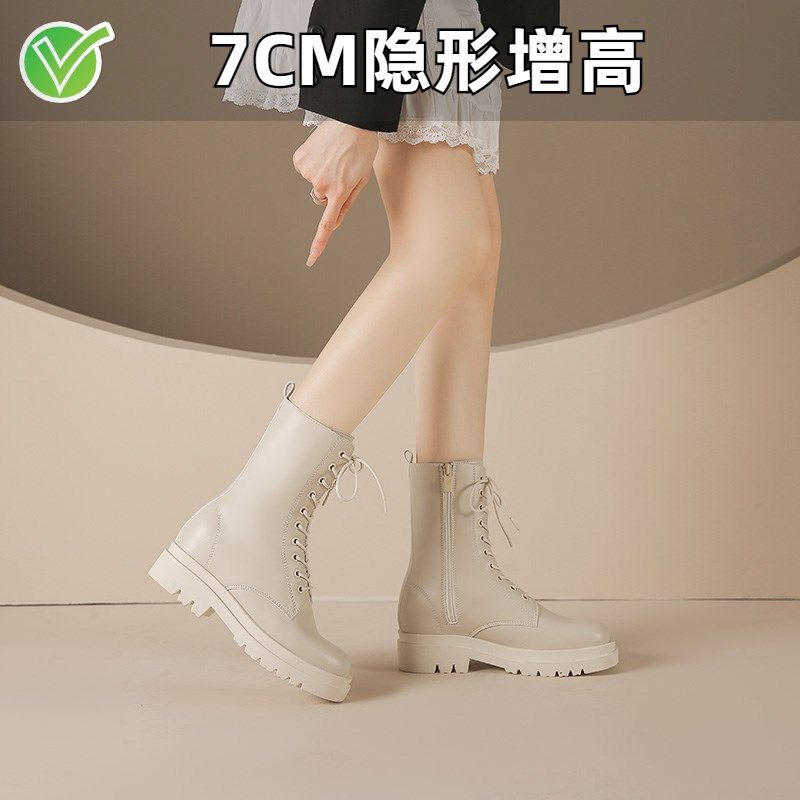 小码女鞋313233厚底马丁靴女春秋内增高单靴小个子中筒靴白色短靴