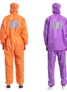 紫色橙色两件式静电衣透明袋无尘服连身带背标光伏新能源车间工作