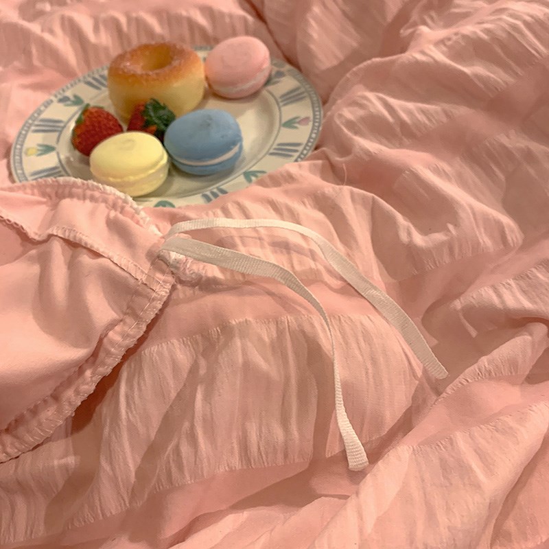 1P2R简约公主风纯色泡泡纱花边超柔四件套韩版被套床裙床单宿舍三