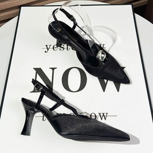 气质缎面黑色职业一字带后空尖头高跟鞋女细跟2025年新款夏季凉鞋