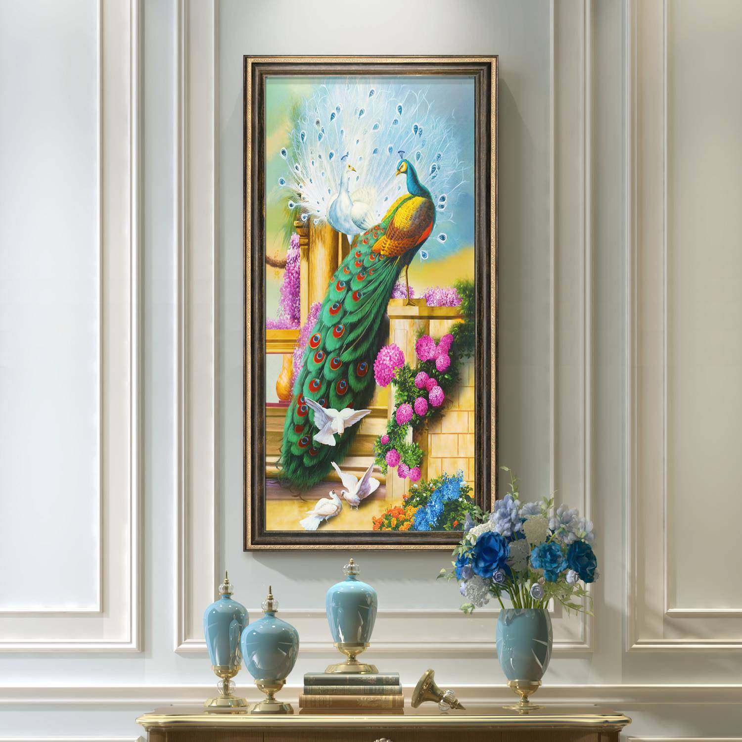 玄关装饰画欧式油画走廊过道挂画竖版墙画孔雀画招财风水画,智能设备,其他智能设备,淘宝优惠券,粉丝福利购,淘宝优惠卷