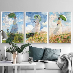 女人油画世界名画复制品装 莫奈撑阳伞 饰挂画餐厅拿伞雨伞壁画