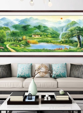 富水宝地国画山水画靠山风景办公室聚宝盆客厅沙发背景墙装饰壁画