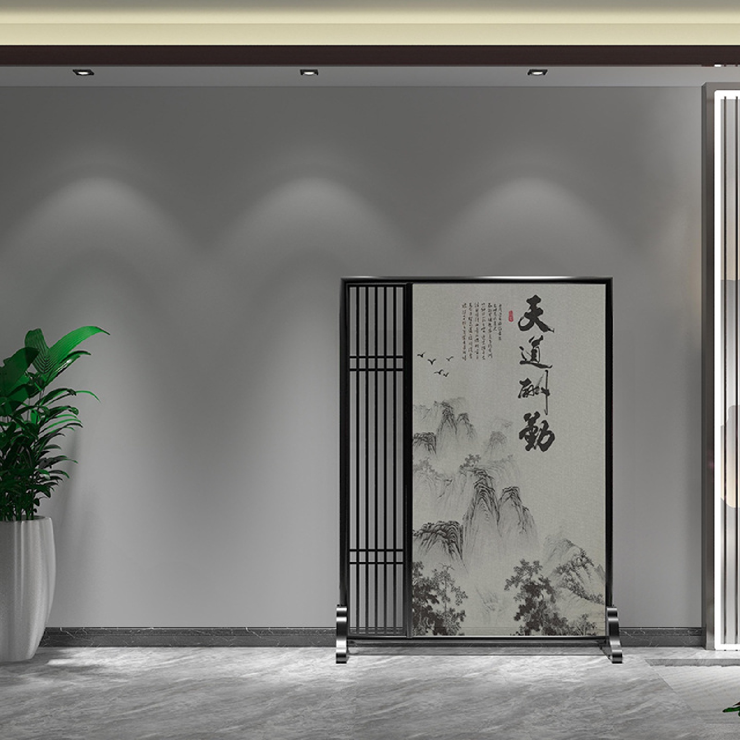 中式家用客厅餐厅酒店布艺山水画隔断屏风入户镂空花格装饰玄关图片