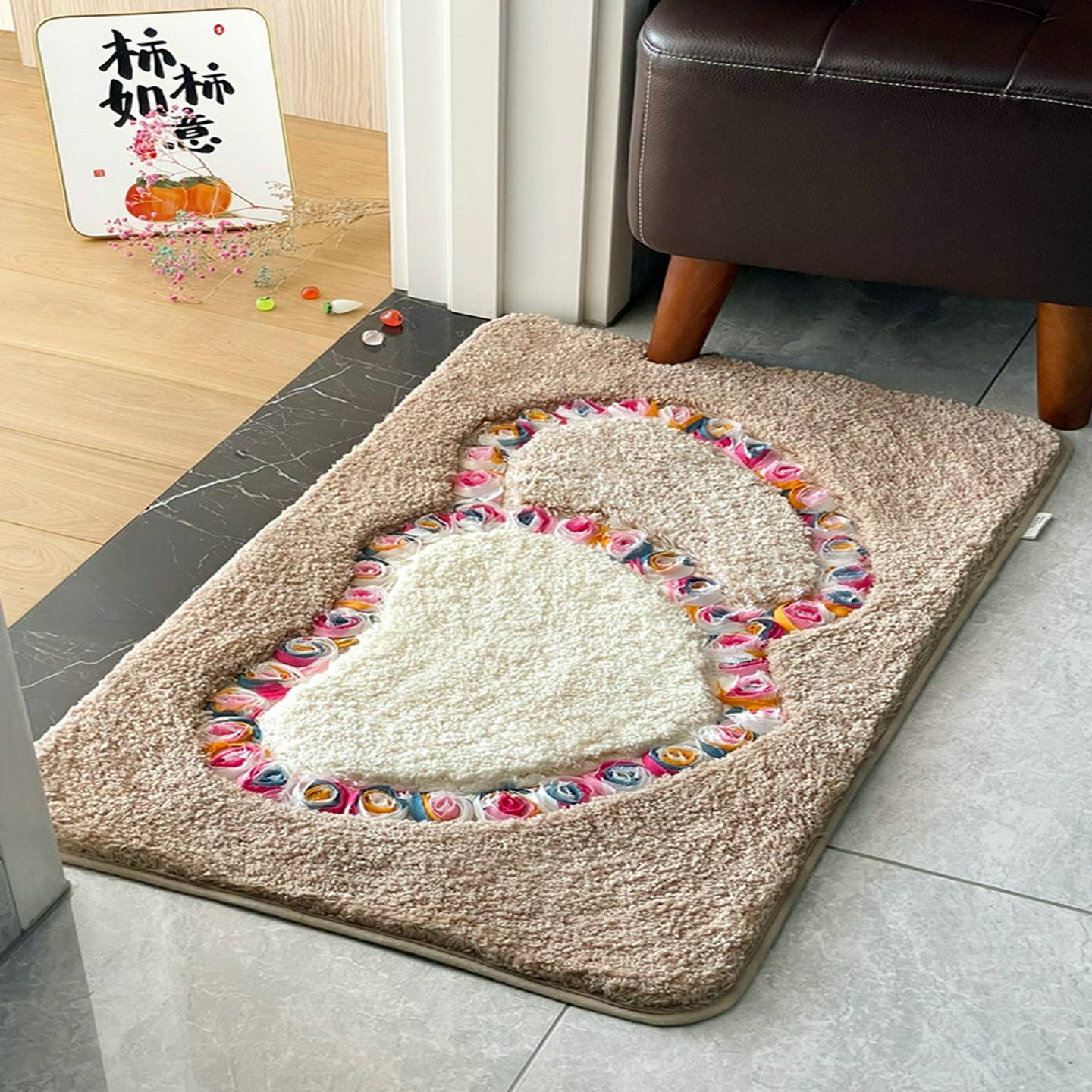 喜庆心心相印爱心地垫卧室门口防滑家用床边植绒地毯飘窗床尾脚垫