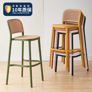 现代简约塑料吧椅靠背高脚凳北欧吧台椅家用阳台高椅子仿藤编餐