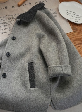 韩国童装2024秋冬新款灰色大衣洋气男童女童儿童毛呢外套中长款潮