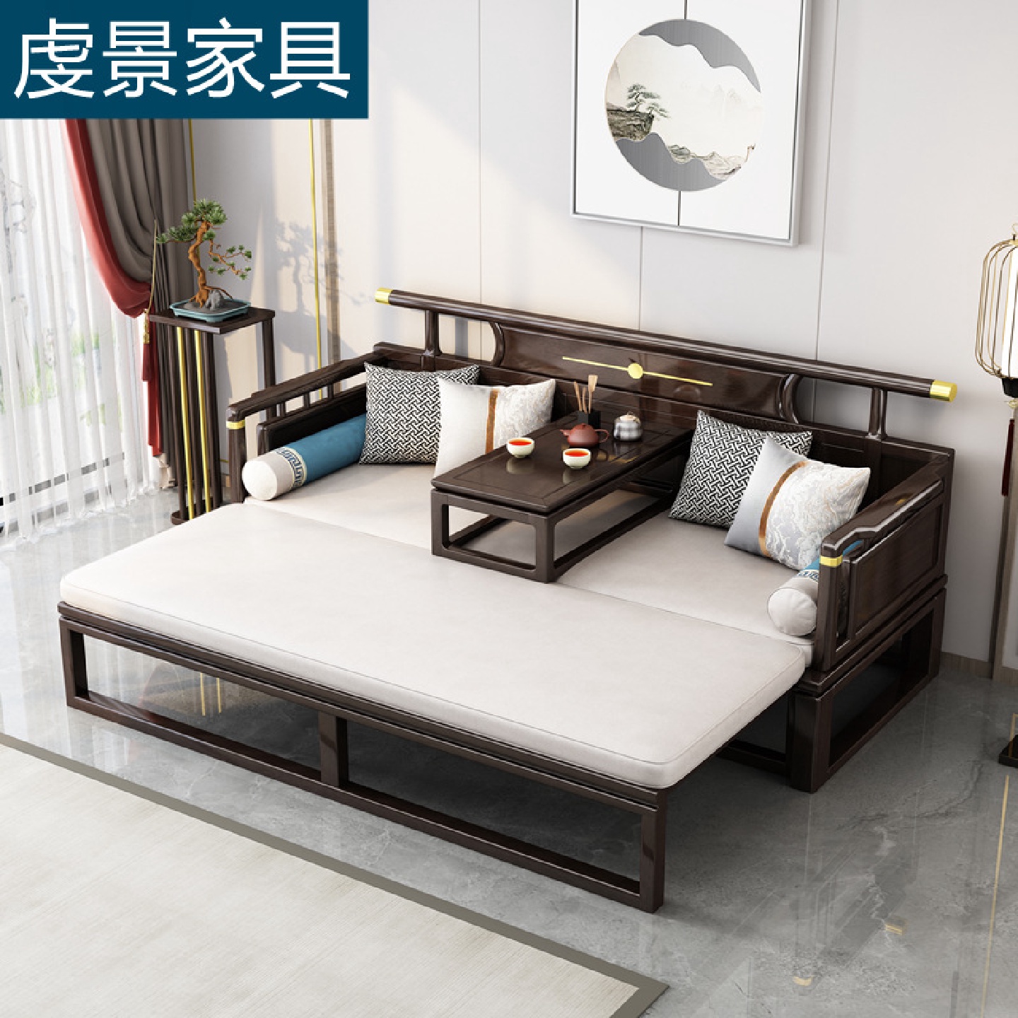 新款新中式实木罗汉沙发床现代简约小户型客厅推拉床塌炕几罗汉床