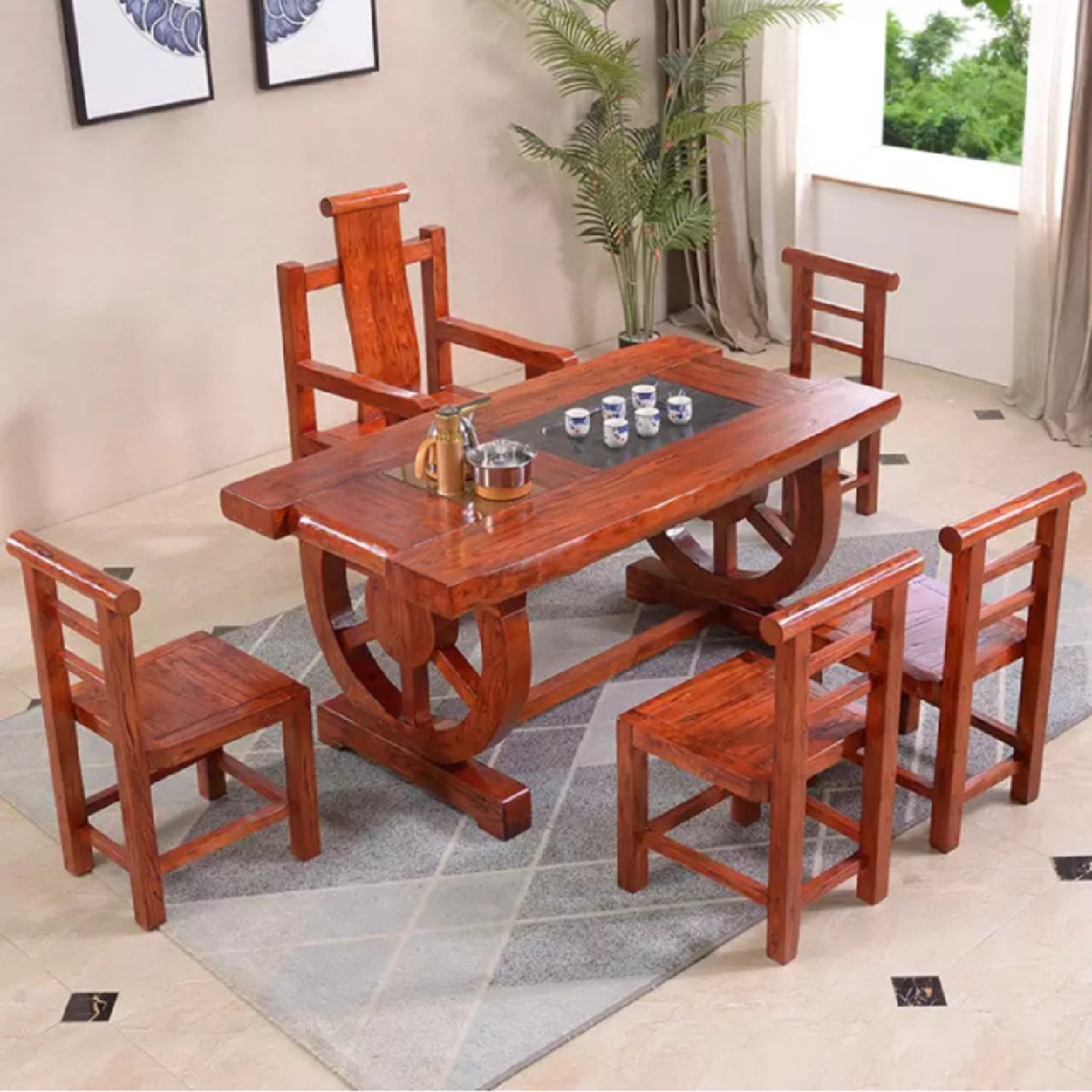 新中式老榆木茶桌椅组合酒店餐厅民宿客厅接待桌泡茶实木茶几茶台