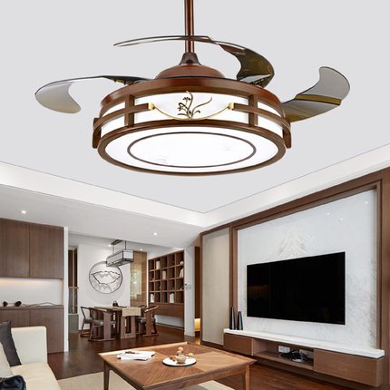 新中式隐形风扇灯餐厅吊扇灯客厅家用彷古实木led风扇吊灯中国风