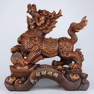 批发麒麟摆件一对家居客厅电视柜木纹树脂工艺品摆设店面开业礼物