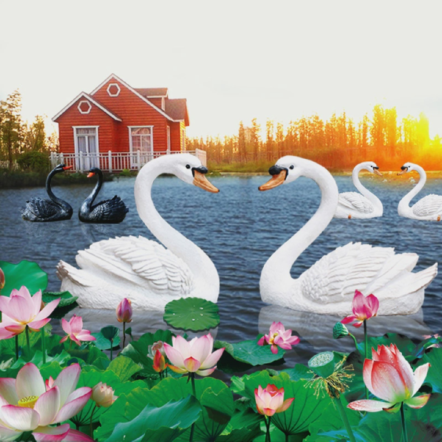 大型彷真天鹅摆件户外婚庆道具玻璃钢鸟雕塑水池塘花园林庭院美陈