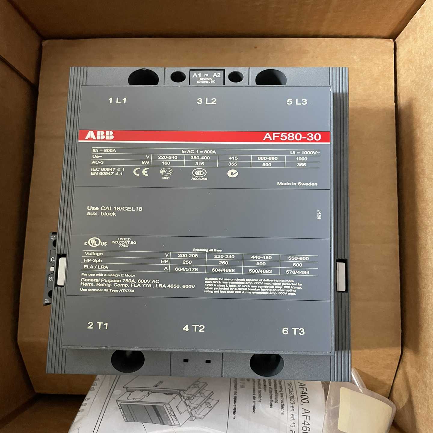 ABB接触器AF580-30，瑞典原装进口，1SFL6170