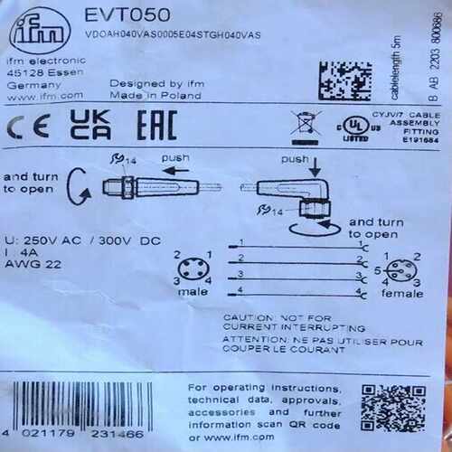 Ifm EVT050 易福门全新连接线 M12 4芯 公母头~议价