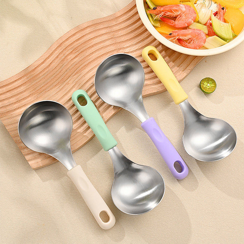 韩式食品级硅胶手柄不锈钢汤勺短把大号盛汤勺子家用粥勺拉面勺