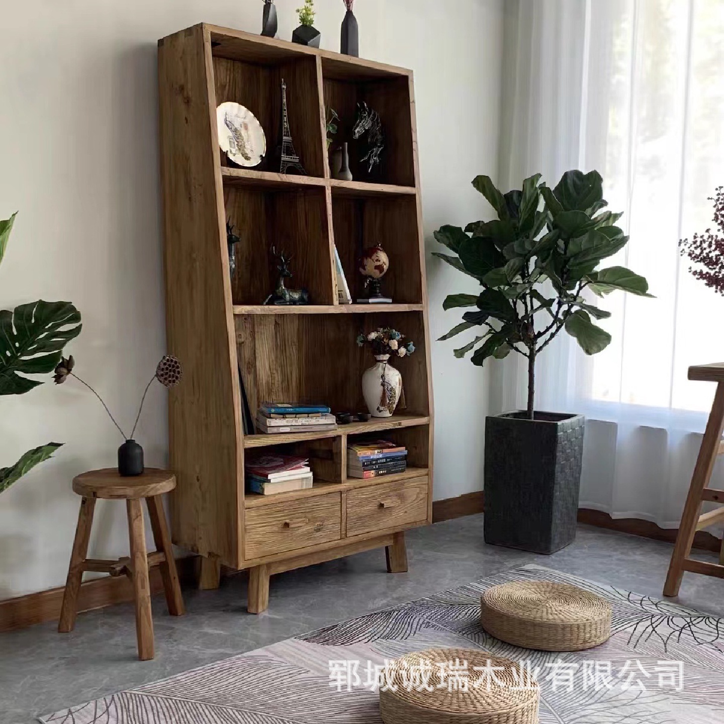 新中式老榆木书柜全实木书架落地置物架带抽屉茶叶博古架储物柜