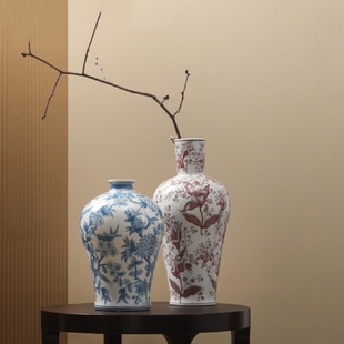 插花花器装 景德镇复古彩绘青花釉里红陶瓷花瓶摆件家居软装 饰艺术