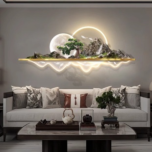 饰画沙发背景墙3D立体浮雕山水壁画led灯发光挂画 流水生财客厅装