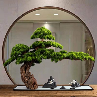 客厅实木仿真迎客松酒店桌面玄关绿植物假松树罗汉松盆景室内摆件