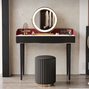 轻奢梳妆台现代简约北欧卧室化妆台小户型实木岩板收纳化妆桌黑色
