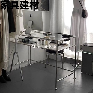创意高挡办公桌极简设计轻奢舒适休 ShJins现代不锈钢玻璃书桌个性