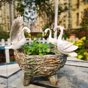 饰品森升 水培仿古石头天鹅花盆铜钱草树脂景观盆户外花园庭院装