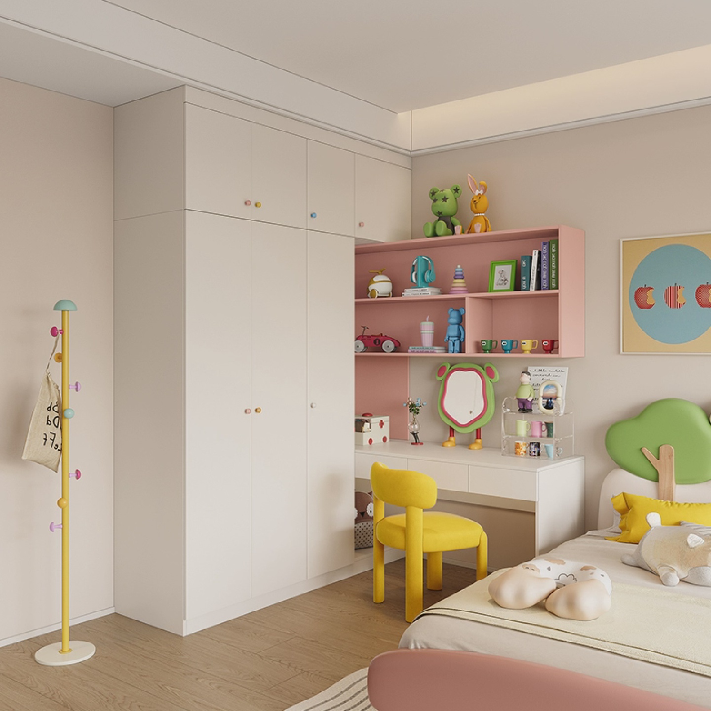 奶油风衣柜连书桌一体组合小户型儿童转角书柜女孩卧室储物柜