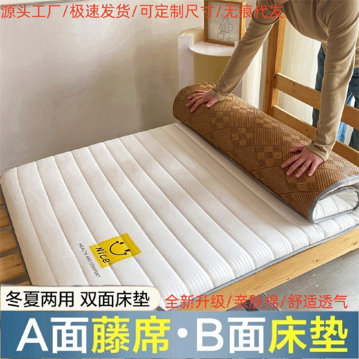 家用冬夏双面床垫软垫两用冰藤席加厚学生宿舍凉席榻榻米褥子批发