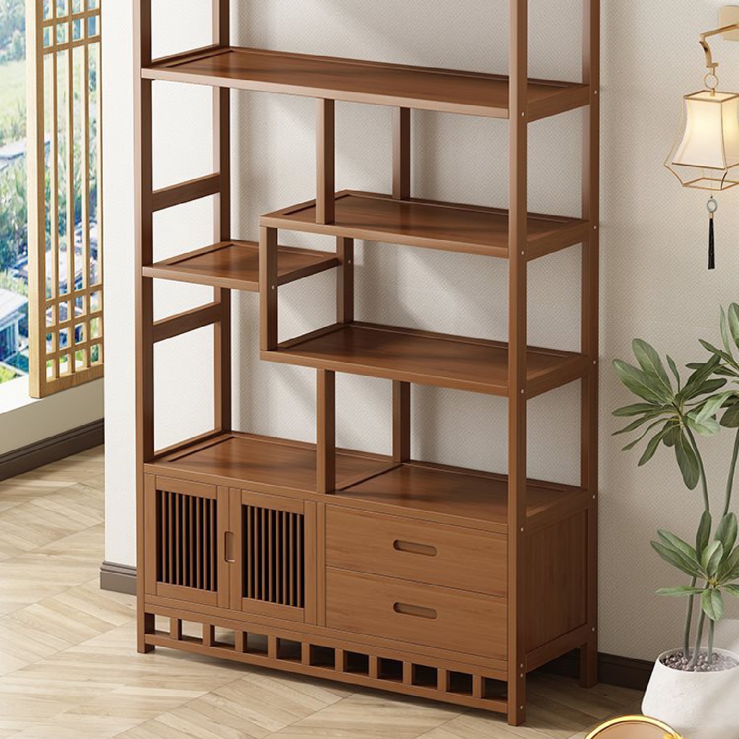 新中式博古架茶室置物架茶叶展示柜非实木隔断多宝阁客厅摆件架子