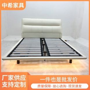 家用卧室简约带感应灯静音排骨架网红悬浮灯带床 真皮意式
