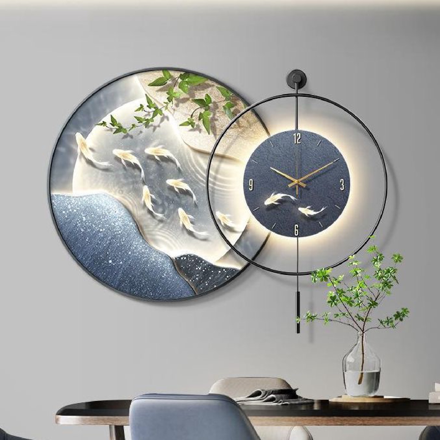 高级感餐厅装饰画带钟表九鱼饭厅背景墙发光挂画现代轻奢客厅壁画
