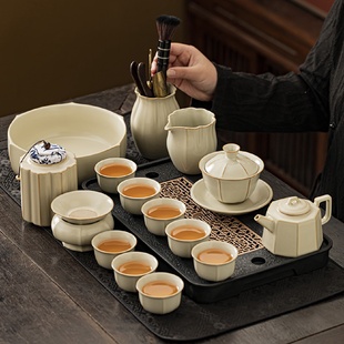 整套家用陶瓷茶壶盖碗茶杯茶盘轻奢高档功夫泡茶 米黄汝窑茶具套装