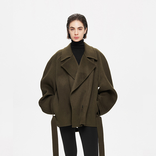 李大琪【鬼怪大衣】山羊绒绵羊毛呢外套短款大衣复古中古绿带腰带