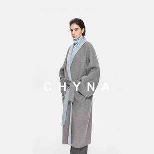 李大琪【冰川蓝调】可双面穿长款大衣兔毛桑蚕丝绵羊毛呢外套