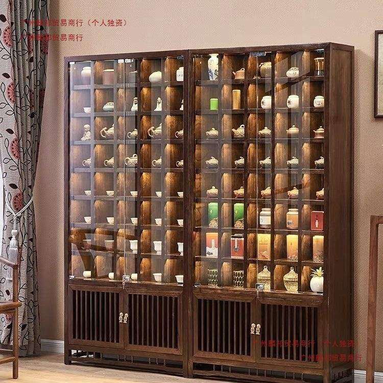 实木格子架紫砂壶玻璃展示架茶杯茶壶多宝阁新中式柜南榆木博古架