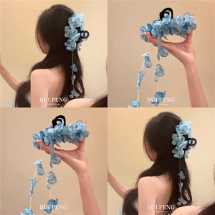 蓝色绣球花抓夹女后脑勺盘发鲨鱼夹流苏花朵发夹2025新款 海边头饰