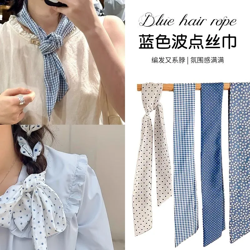 日杂风~复古蓝色波点长条丝巾女款领巾飘带绑发发带脖子配饰显白