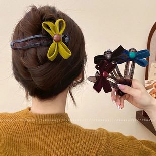 甜美丝绒蝴蝶结鸭嘴夹发夹女后脑勺盘发一字夹头饰2025新款 发饰女