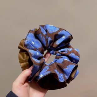 韩系时尚 ins撞色复古蓝色印花大肠发圈高级轻奢双层褶皱洋气发饰