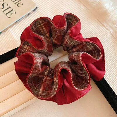 红色格子双层毛呢大肠发圈女高级感气质扎头圣诞节头绳丸子头发饰