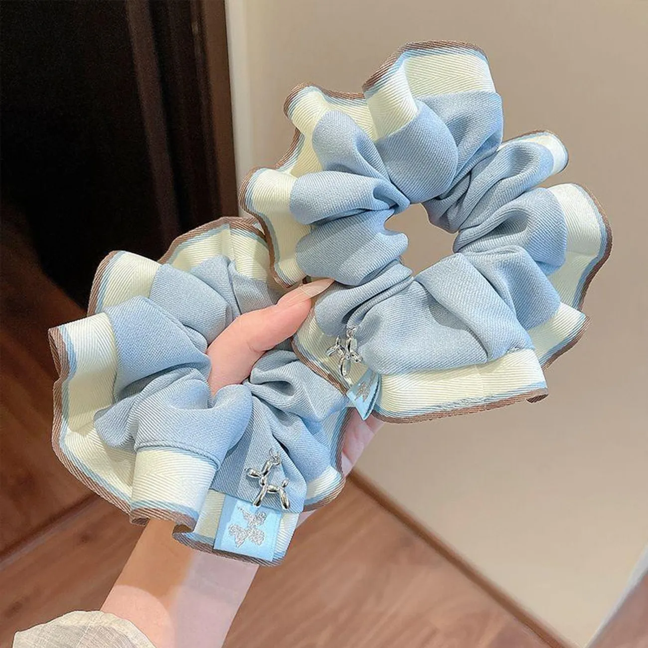 韩系2025新款高级感小清新蓝灰色大肠发圈花边气质甜美低马尾发饰