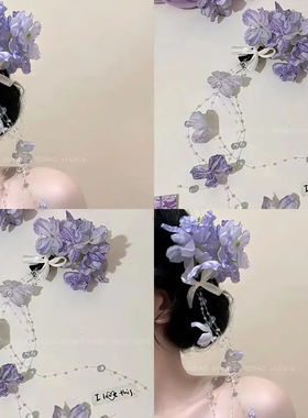 2025新款中式紫色绣球花流苏发夹复古花朵侧边发饰高级感头花发饰