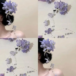 2025新款 紫色绣球花流苏发夹复古花朵侧边发饰高级感头花发饰 中式