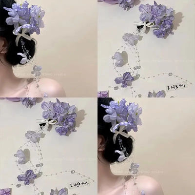 2025新款中式紫色绣球花流苏发夹复古花朵侧边发饰高级感头花发饰