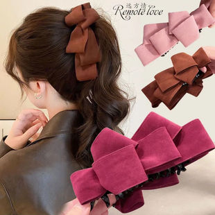 韩系高级法式 秋冬麂皮绒面多层蝴蝶结香蕉夹马尾发夹盘发扭扭发饰